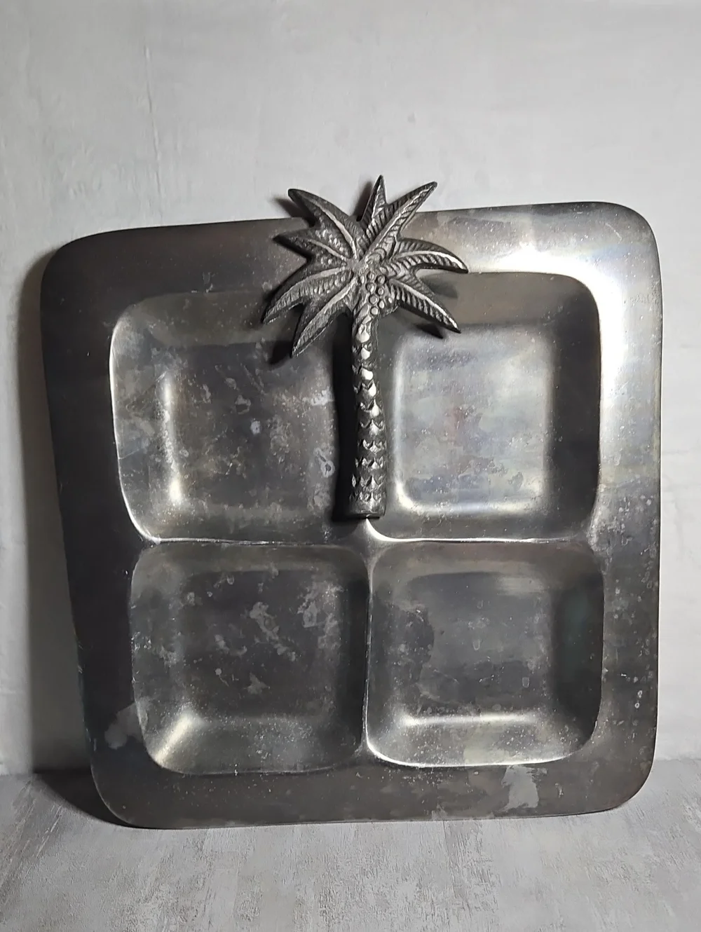 vintage metal relish or veggie serving tray featuring a distinctive palm tree